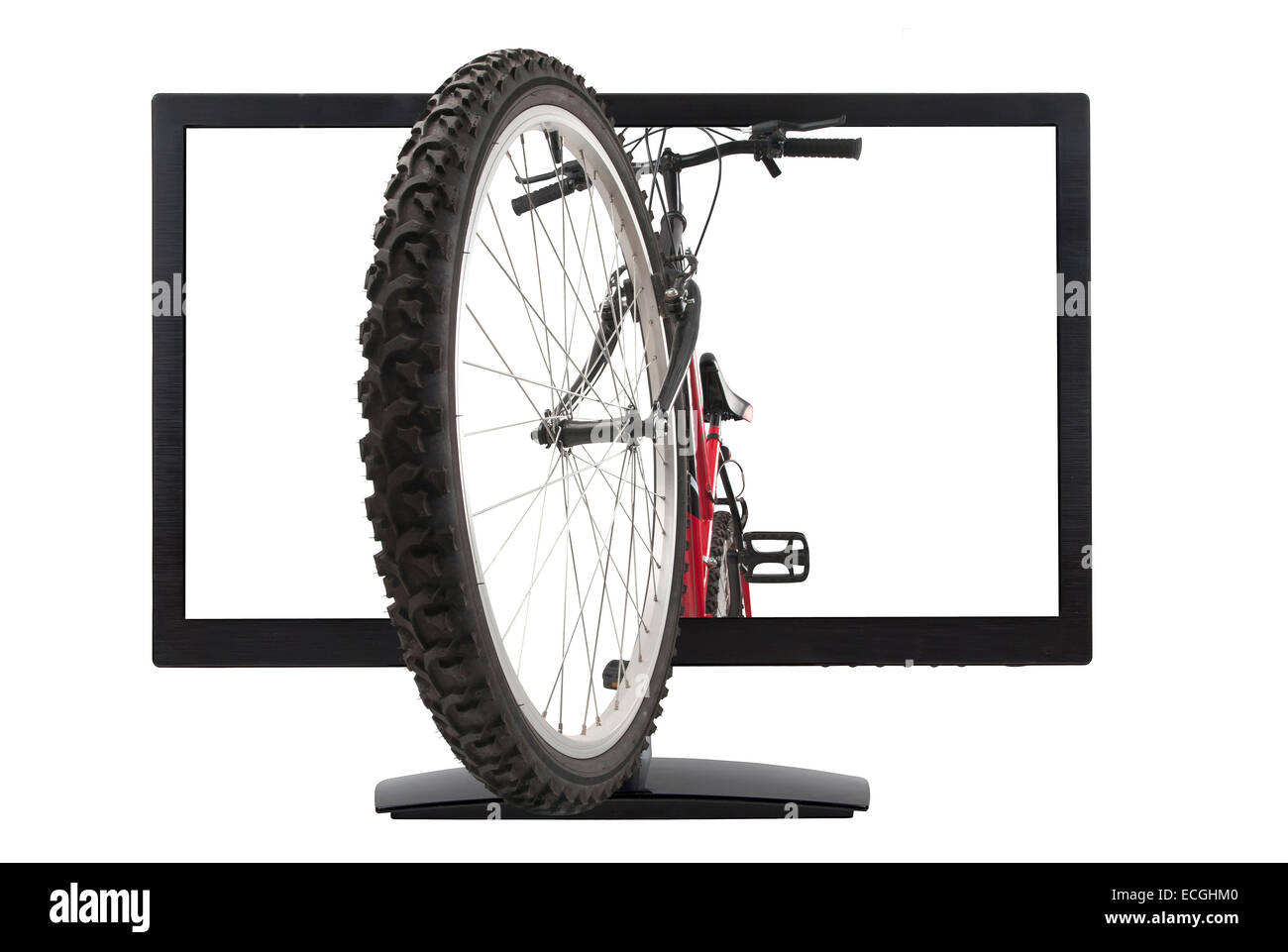 Ruota anteriore della mountain bike e monitor LCD, isolata, studio shot Foto Stock