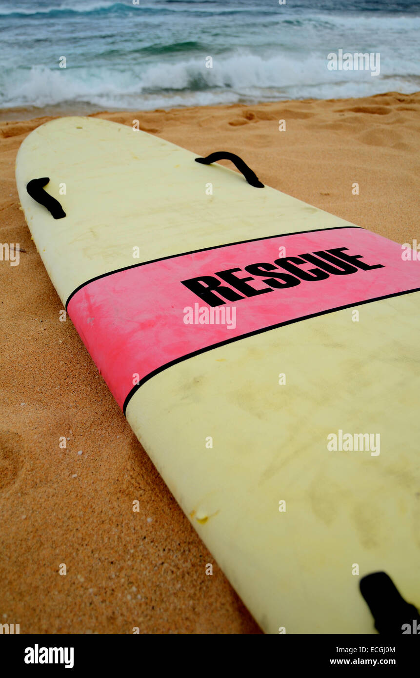 Un bagnino di salvataggio con la tavola da surf su una spiaggia hawaiana su un giorno di tempesta Foto Stock