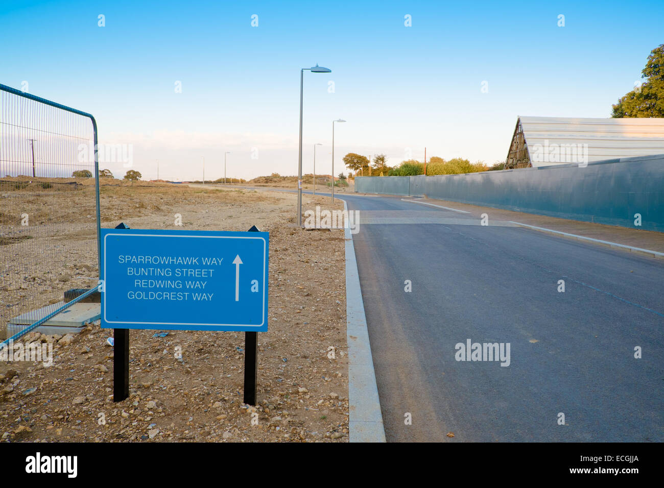 La nuova strada che conduce in un alloggiamento nuovo sviluppo a New Hall harlow essex Foto Stock