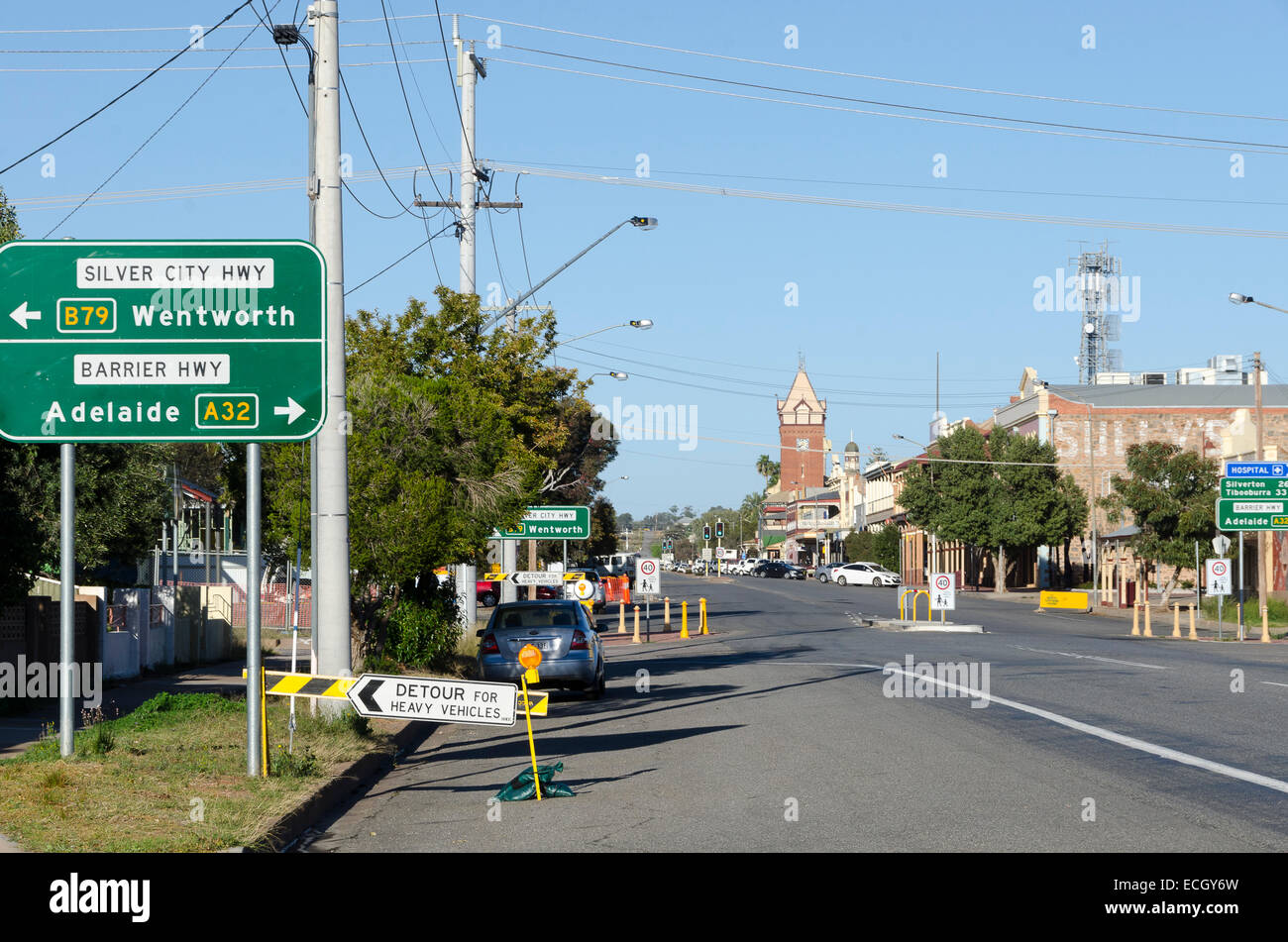 Strada principale e Post Office, Argent Street, Broken Hill, Nuovo Galles del Sud, Australia Foto Stock