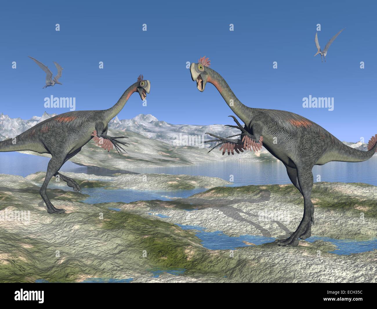 Due gigantoraptor e cielo blu Foto Stock