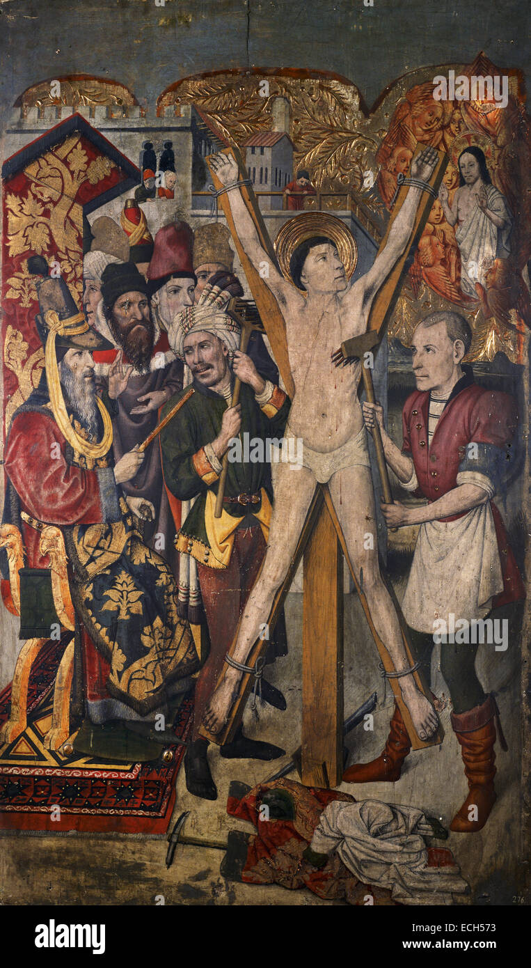 Arte Gotica. Xv c. Jaume Huguet (1412-1492). Pittore catalano. Pala per la Chiesa di San Vicent in Sarria. 1455-1460. Saint Vincent sulla cremagliera. Museo d'Arte Nazionale della Catalogna. Barcellona. Spagna. Foto Stock