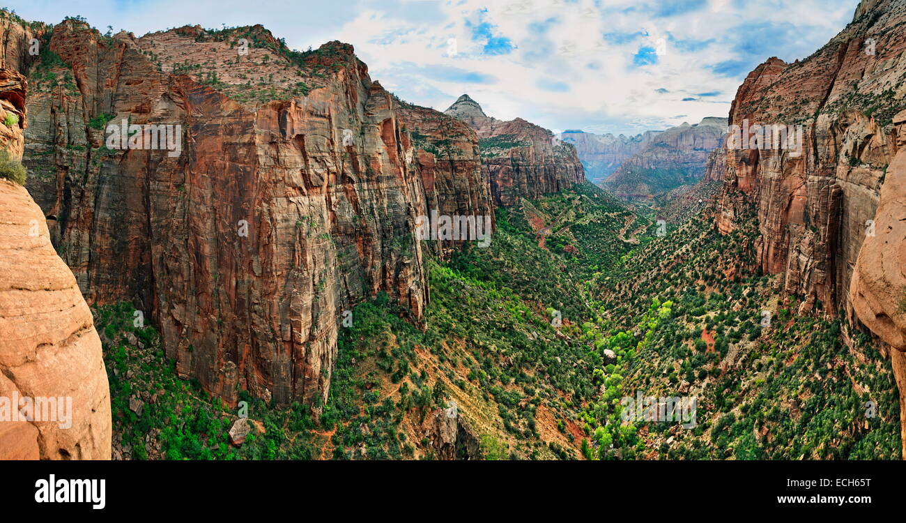 Vista dal Canyon Overlook nella lussureggiante valle verde di Pine Creek, Parco Nazionale Zion, Utah, Stati Uniti Foto Stock