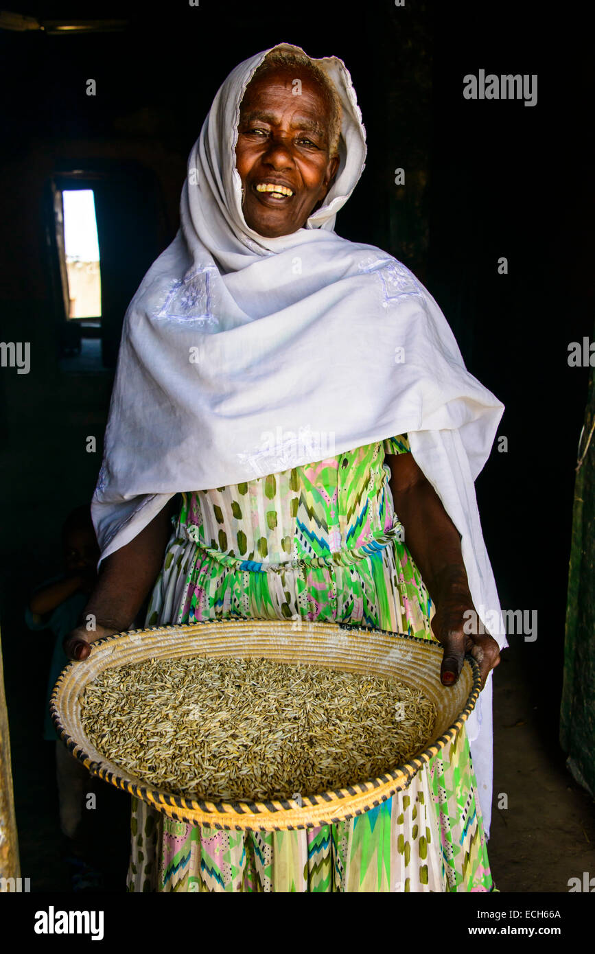 Gentile vecchia donna in piedi con un paniere di mais, nei pressi di Keren, Eritrea Foto Stock