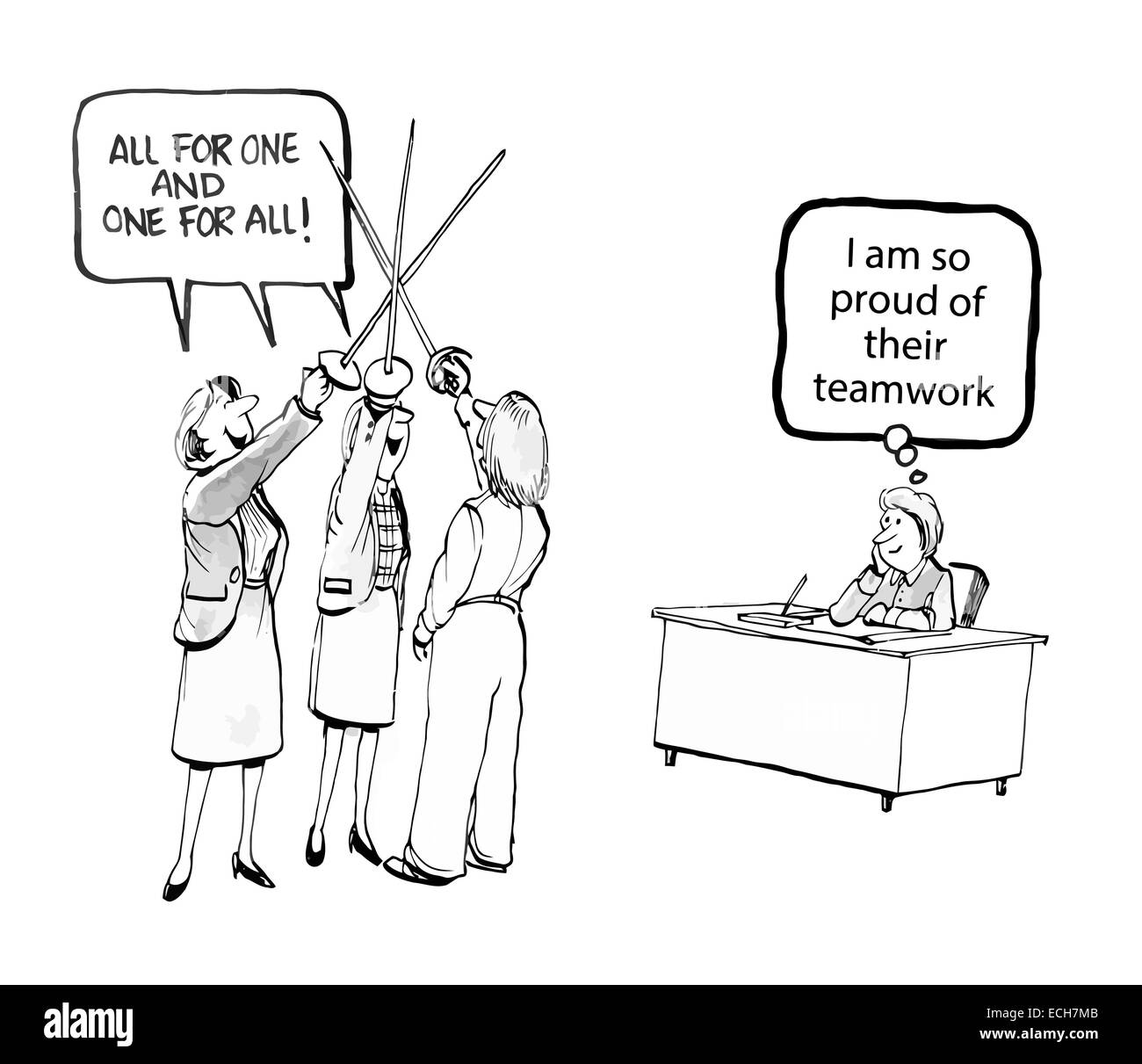 "Uno per tutti e tutti per uno." "Io sono così orgogliosi del loro lavoro di squadra". Illustrazione Vettoriale