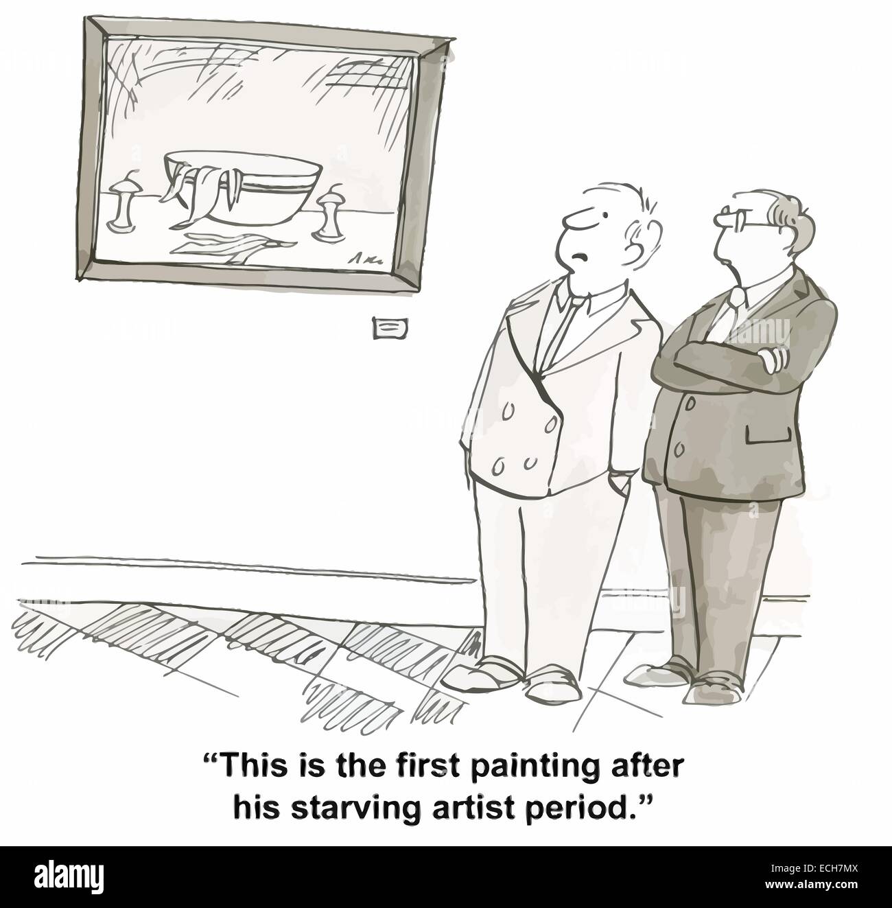 Gli uomini sono in un museo di arte guardando un artista affamata del dipinto. Illustrazione Vettoriale