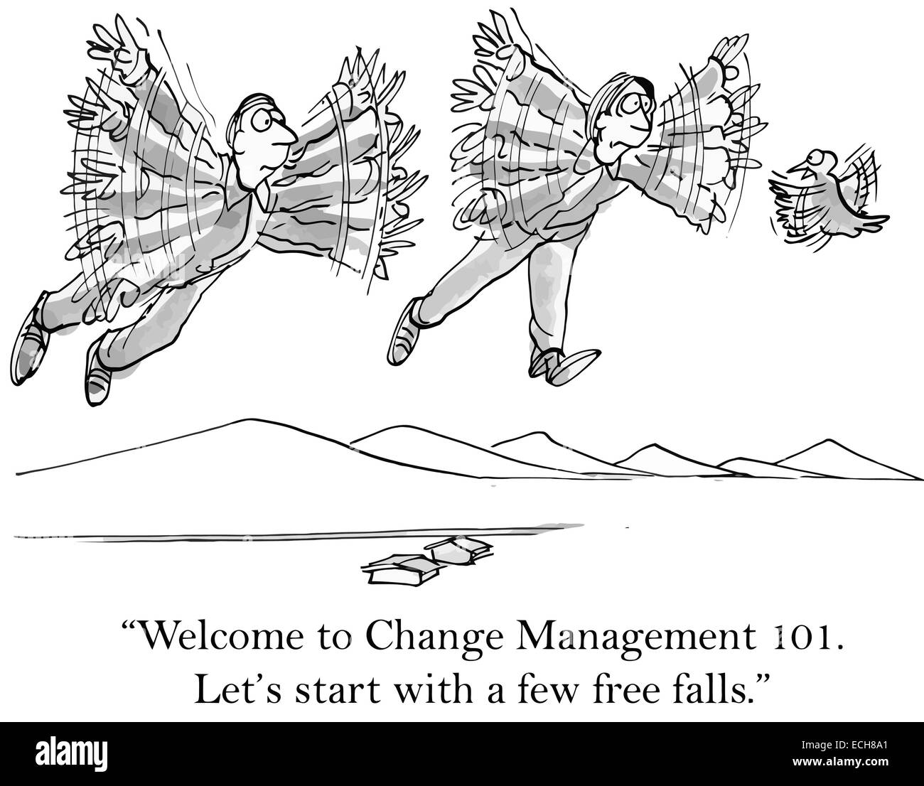 'Benvenuti al Change Management 101. Iniziamo con un paio di cadute libere.' Illustrazione Vettoriale