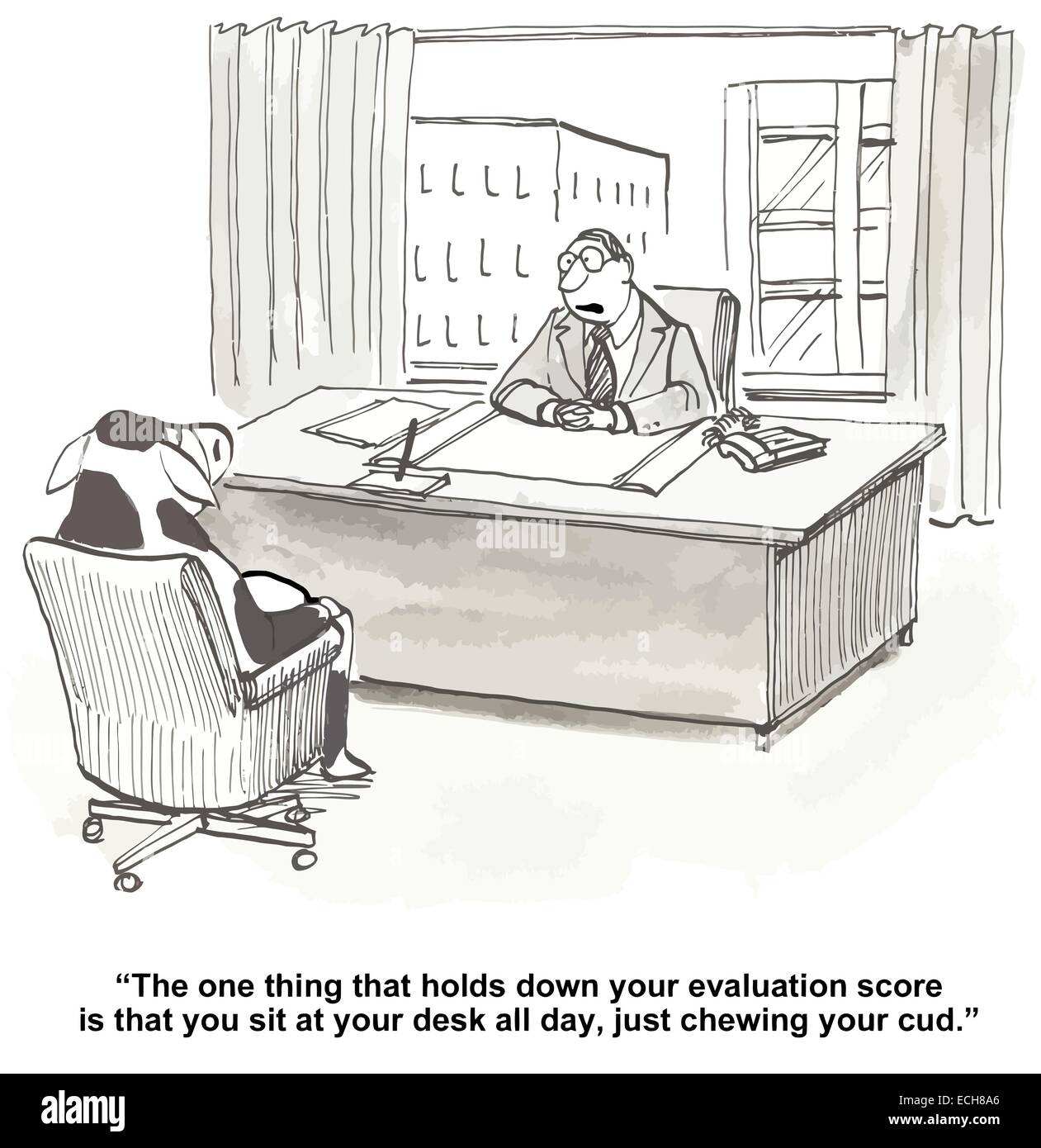 Nella performance review meeting, la borchia è raccontare il dipendente volesse ottenere un rating migliore se egli o ella era più coinvolti. Illustrazione Vettoriale