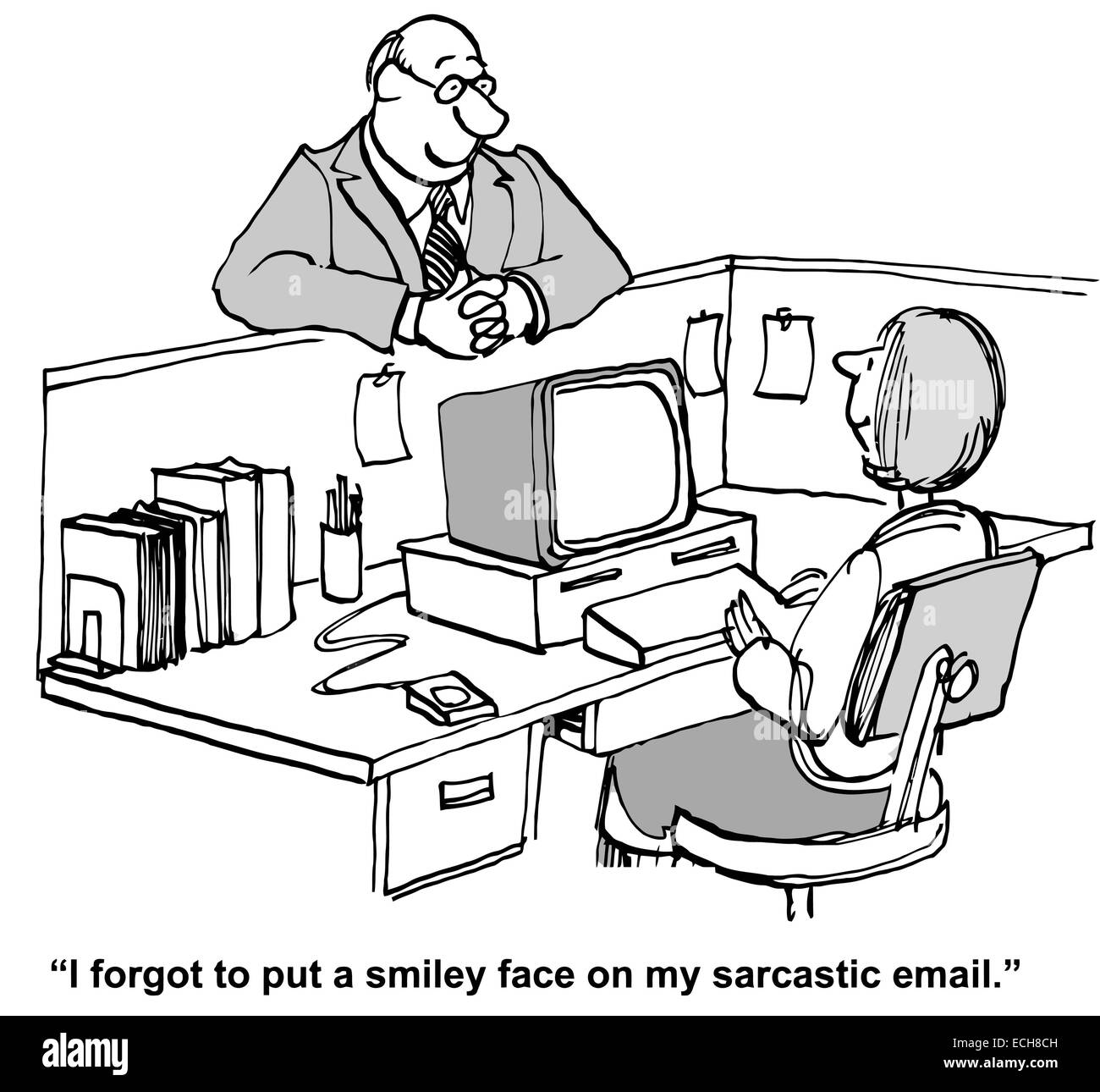 Un collega sta raccontando peer che ha dimenticato di mettere un emoticon, Smiley face, sul suo ghigno email. Illustrazione Vettoriale