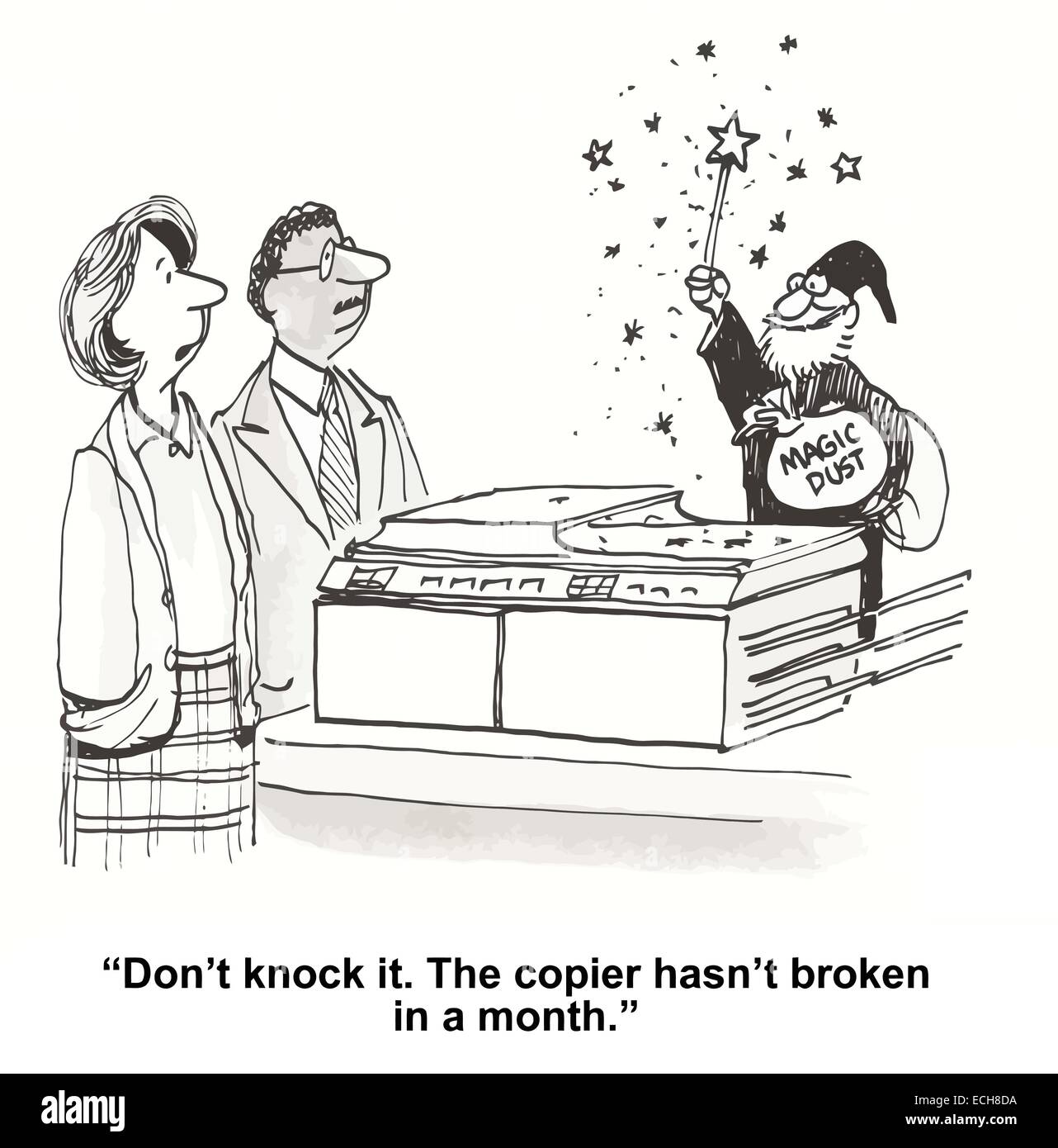 'Non urtarla. La copiatrice non è rotto in un mese.". Illustrazione Vettoriale