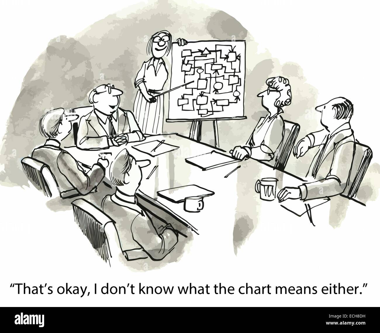 Imprenditore boss sta dicendo al suo compagno di squadra che egli non riesce a capire la complicata grafico. Illustrazione Vettoriale