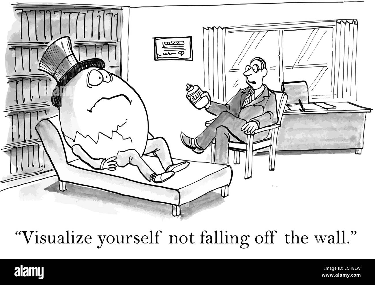 Il terapista dice di Humpty Dumpty, "immaginando di non cadere fuori dalla parete". Illustrazione Vettoriale