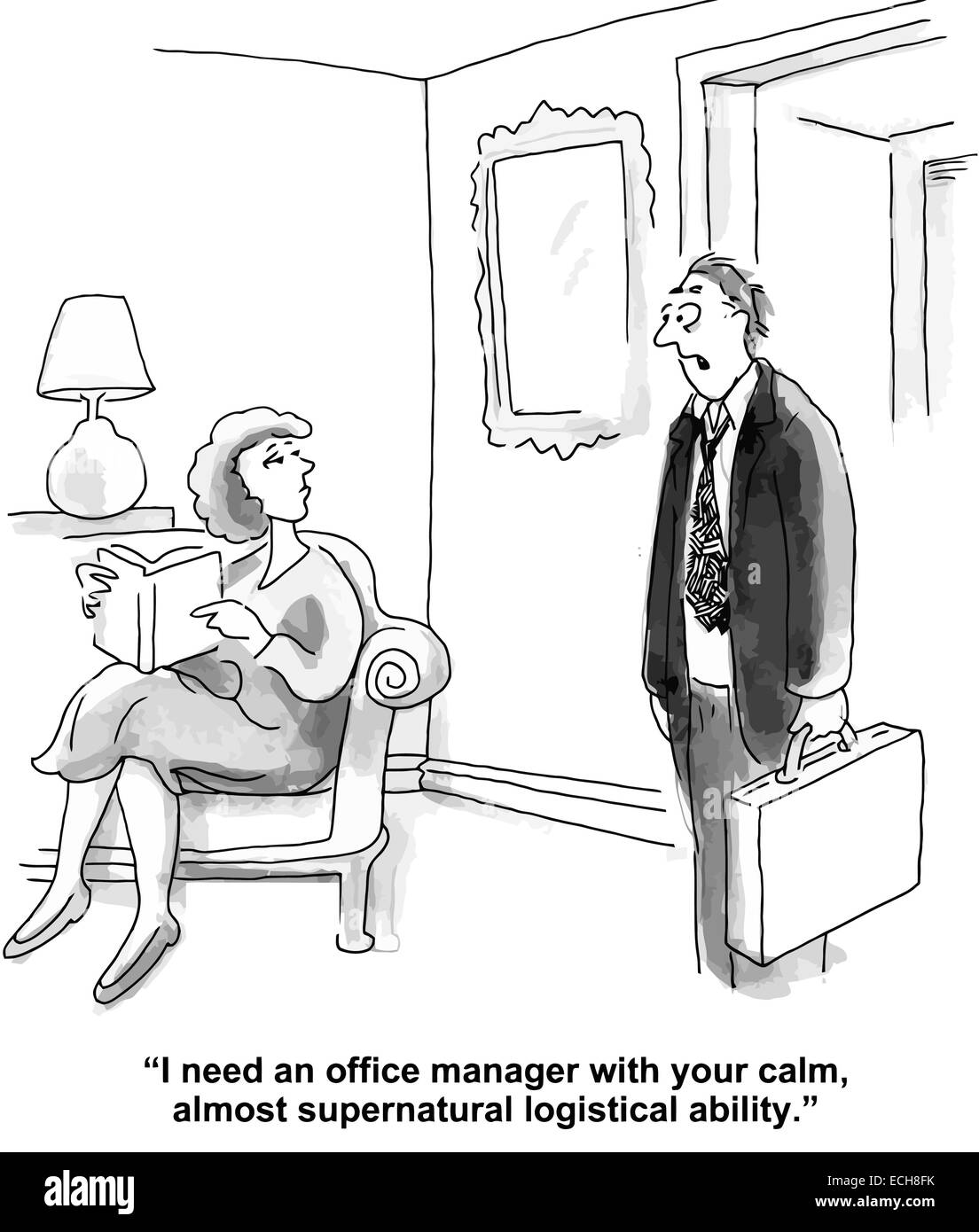 Imprenditore ha bisogno di un office manager con calma, capace, capacità logistiche - le competenze di sua moglie ha. Illustrazione Vettoriale
