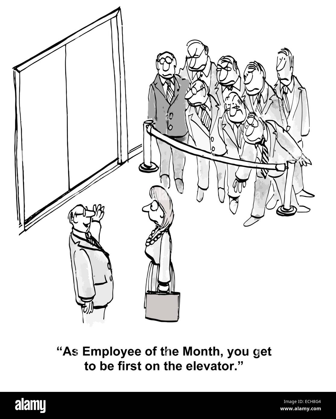 'Come dipendente del mese si ottiene di essere in primo luogo sull'ascensore.". Illustrazione Vettoriale