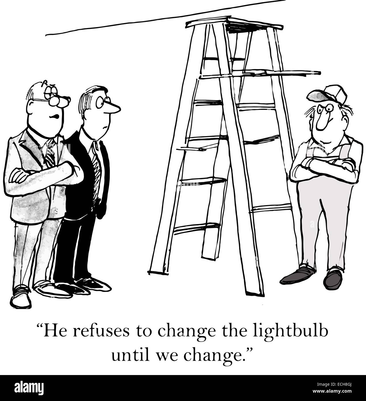 "Egli rifiuta di cambiare la lampadina fino a quando si cambia." Illustrazione Vettoriale