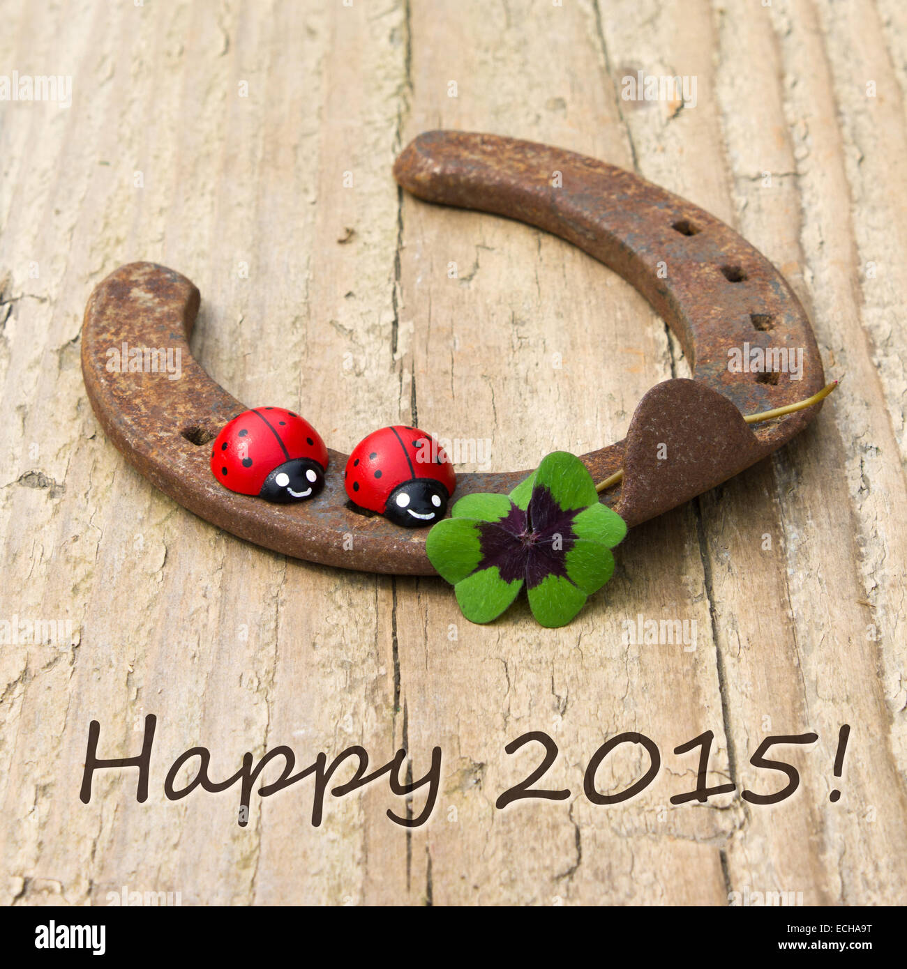 Nuova scheda di anni con ferro di cavallo, Leafed trifoglio e ladybugs Foto Stock