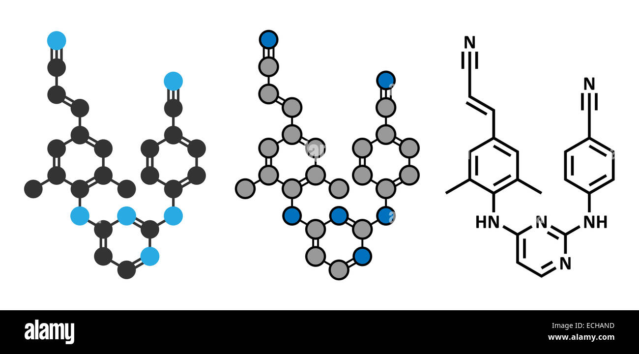 HIV Rilpivirine molecola di farmaco. Tradizionale formula scheletrico e stilizzate rappresentazioni. Foto Stock