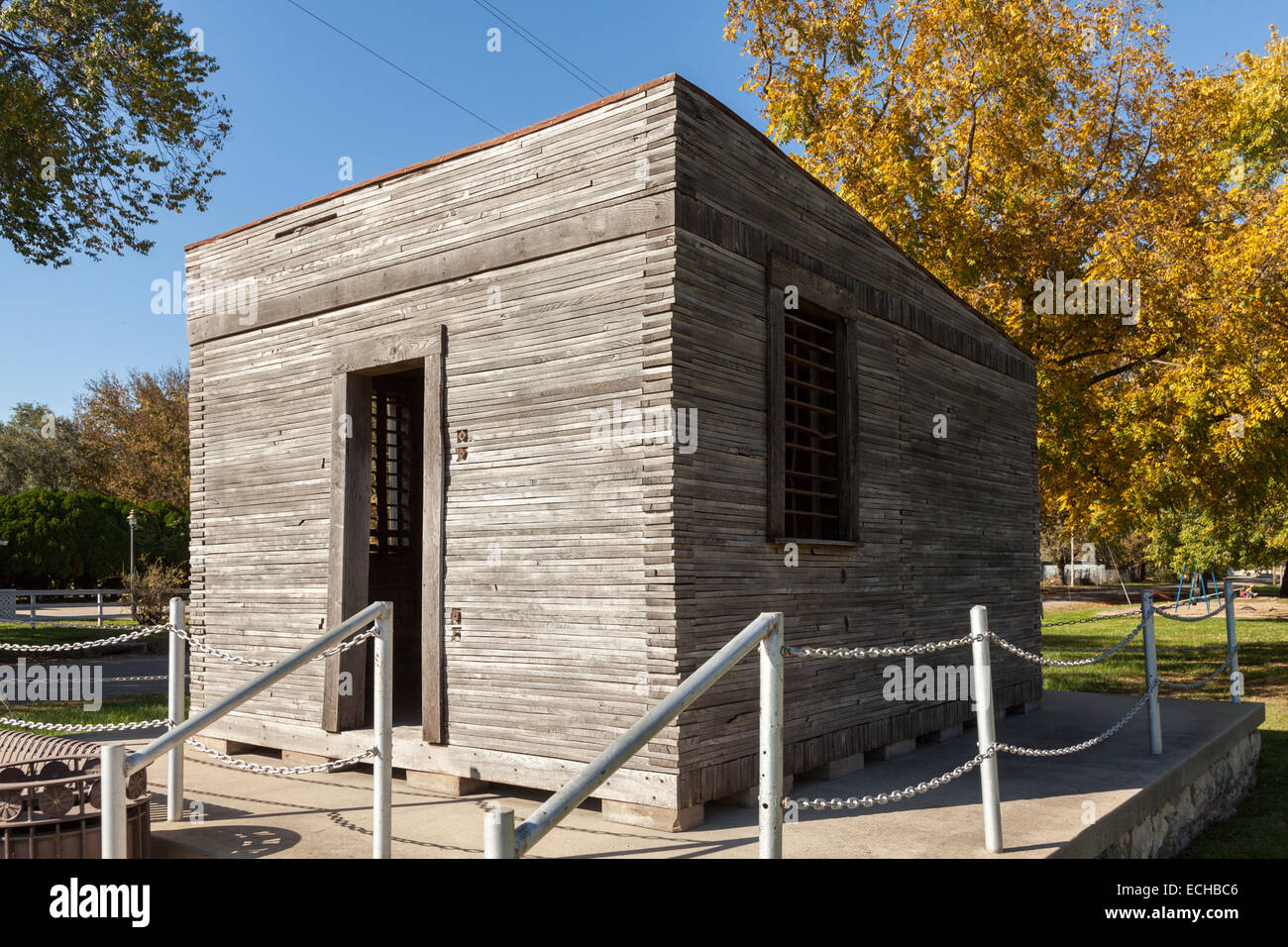 Pioneer Cowboy prigione, 1849, Consiglio Grove, nel Kansas, Flint Hills, era l'unico carcere sulla Santa Fe Trail. Ricostruito nel 1998. Foto Stock