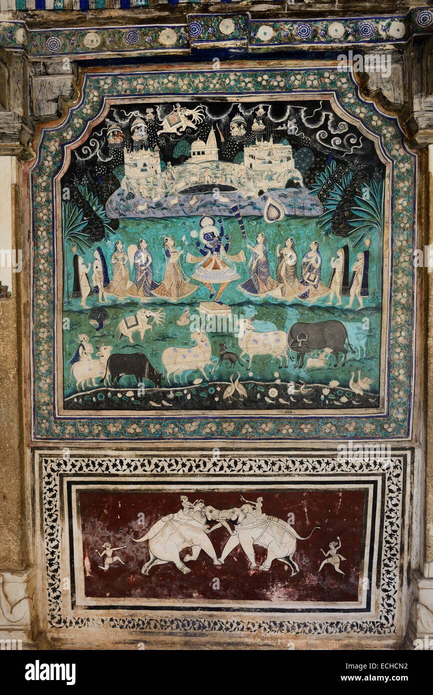 India Rajasthan, Regione di Mewar, villaggio di Bundi, dipinto Chitrasala presso il palazzo di Garth Foto Stock