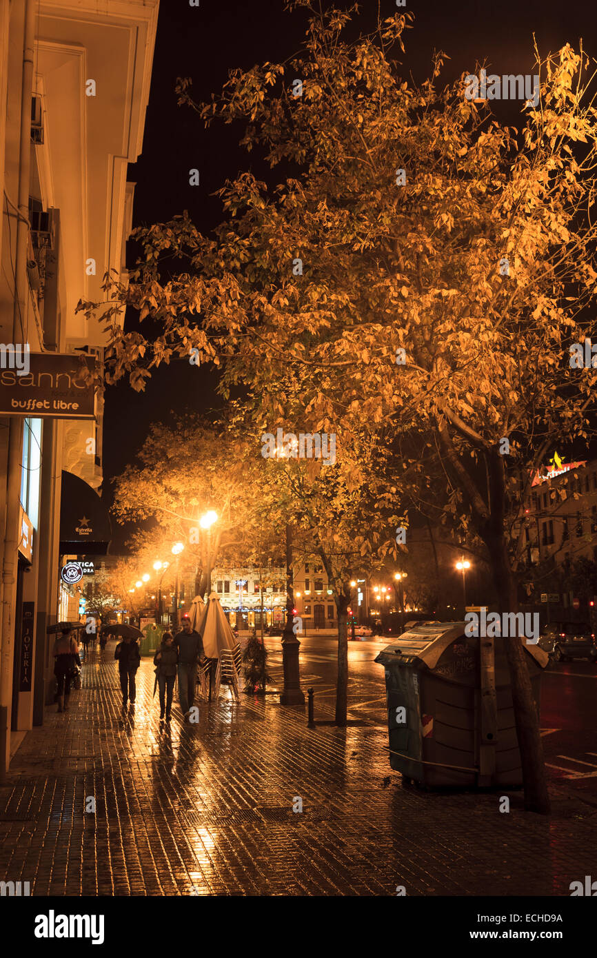 Umide e piovose strade della città di Valencia durante la notte con le luci di strada e riflessioni Foto Stock