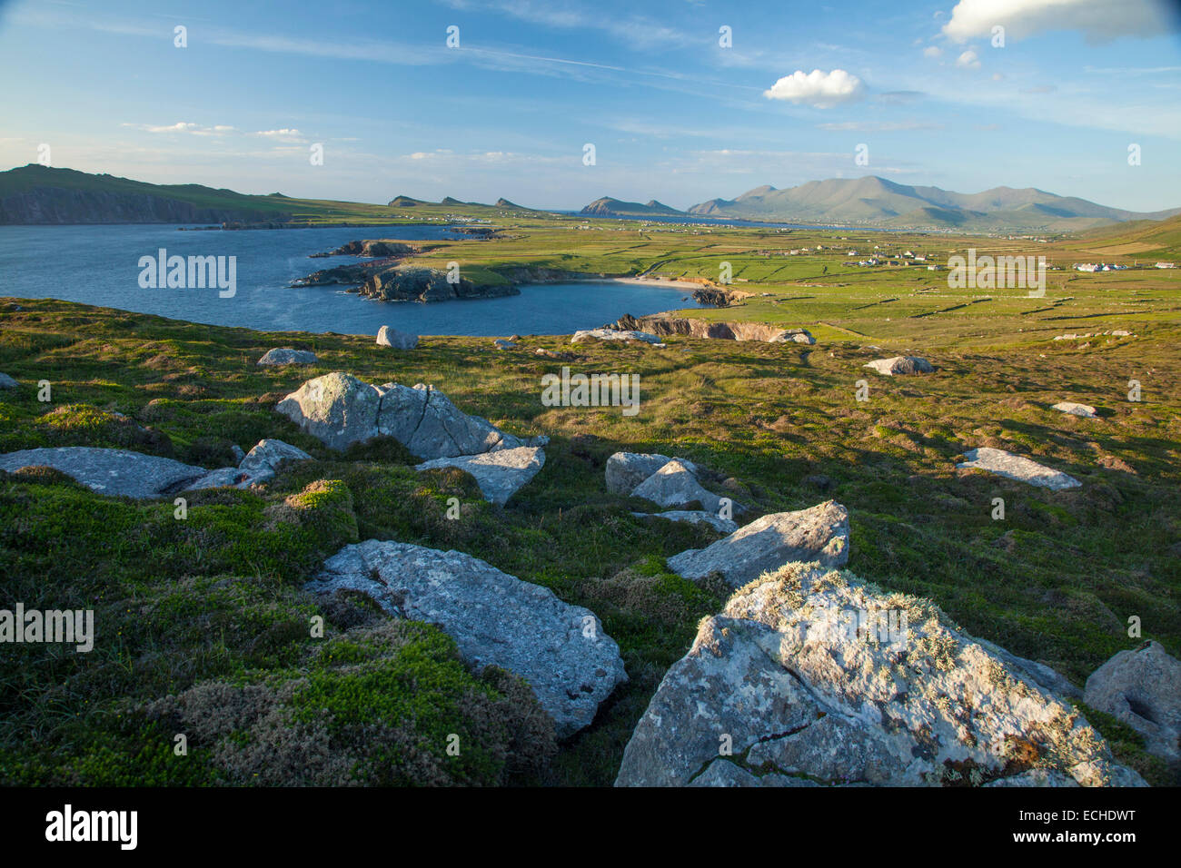 Massi sotto Brandon Mountain, Clogher Head, la penisola di Dingle, nella contea di Kerry, Irlanda. Foto Stock