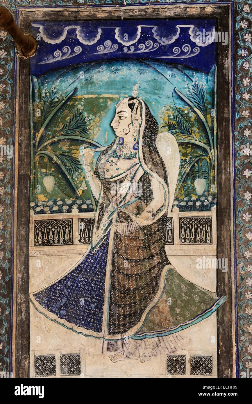 India Rajasthan, Regione di Mewar, villaggio di Bundi, dipinto Chitrasala presso il palazzo di Garth Foto Stock