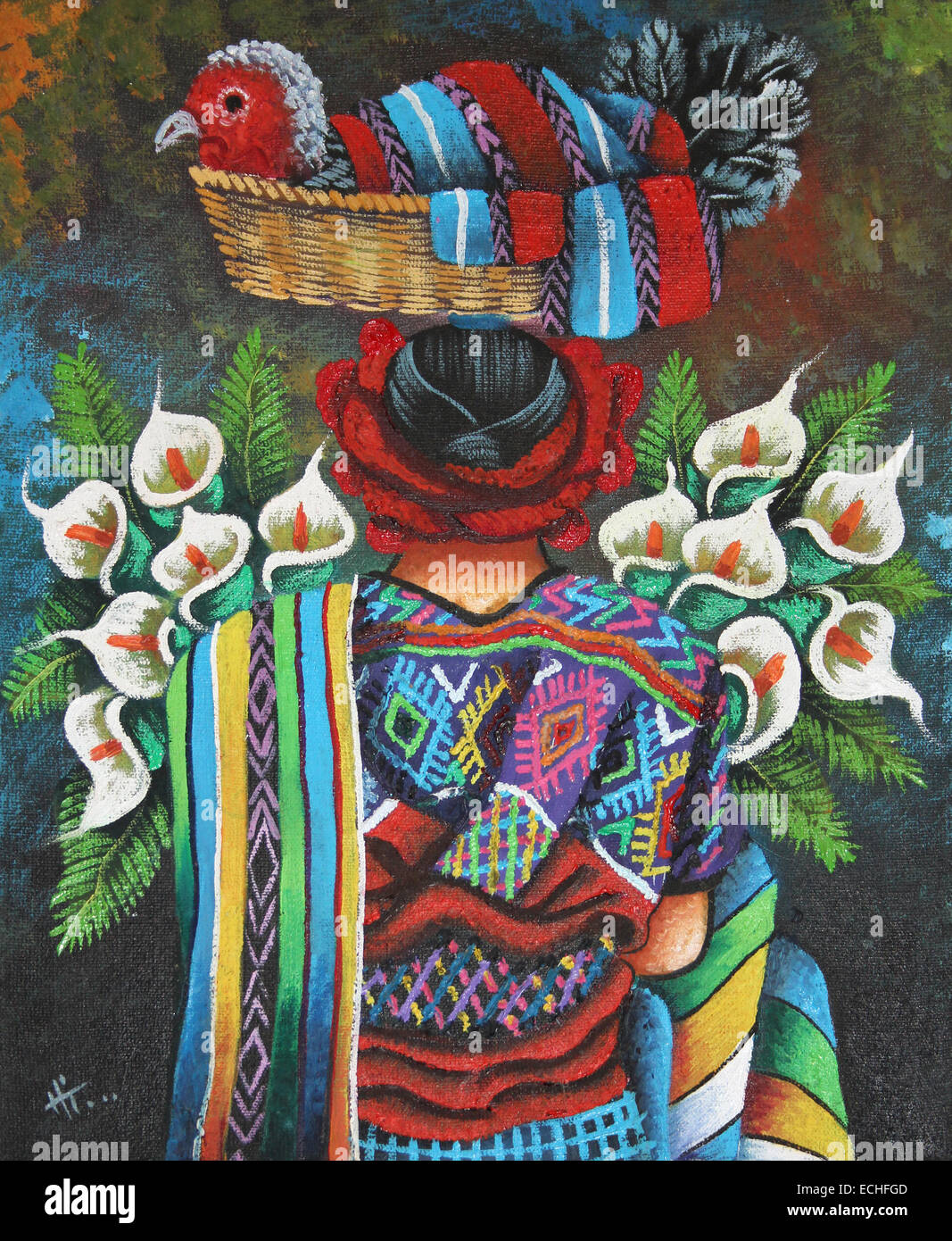Guatemala la pittura ad olio che mostra Maya della donna che la porta il cestello con la Turchia sulla sua testa Foto Stock