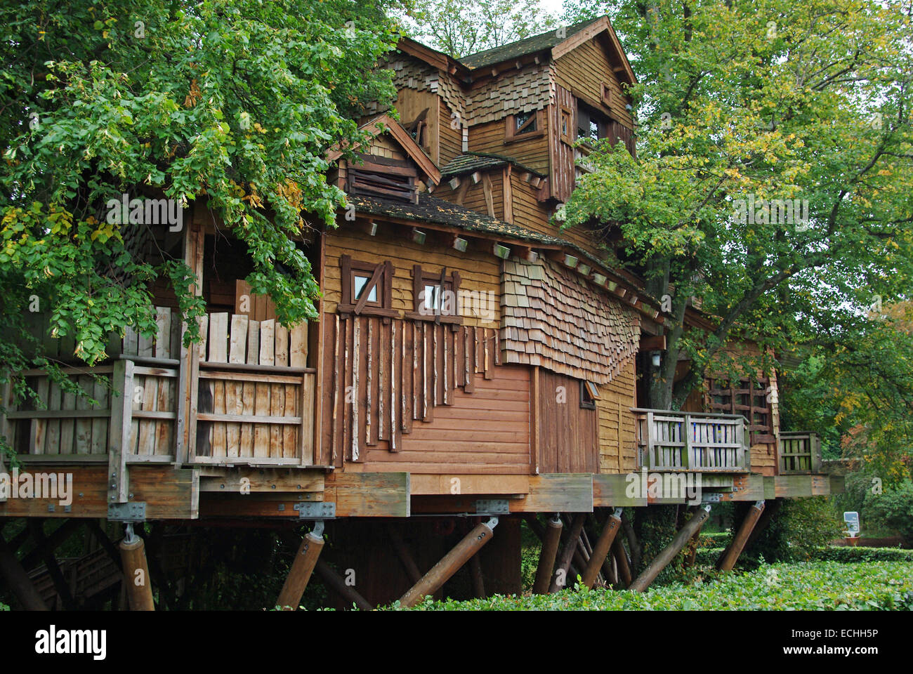 La facciata del Treehouse ad Alnwick giardini; l enorme struttura è costruita da originati in modo sostenibile cedro canadese. Foto Stock