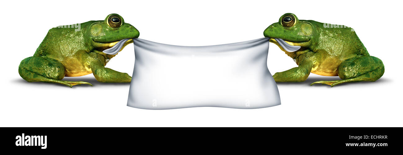 Banner di rana azienda segno segnaletica bianco da due verdi sorridenti divertente anfibi come simbolo di natura e di promozione pubblicitaria presentando un annuncio importante. Foto Stock