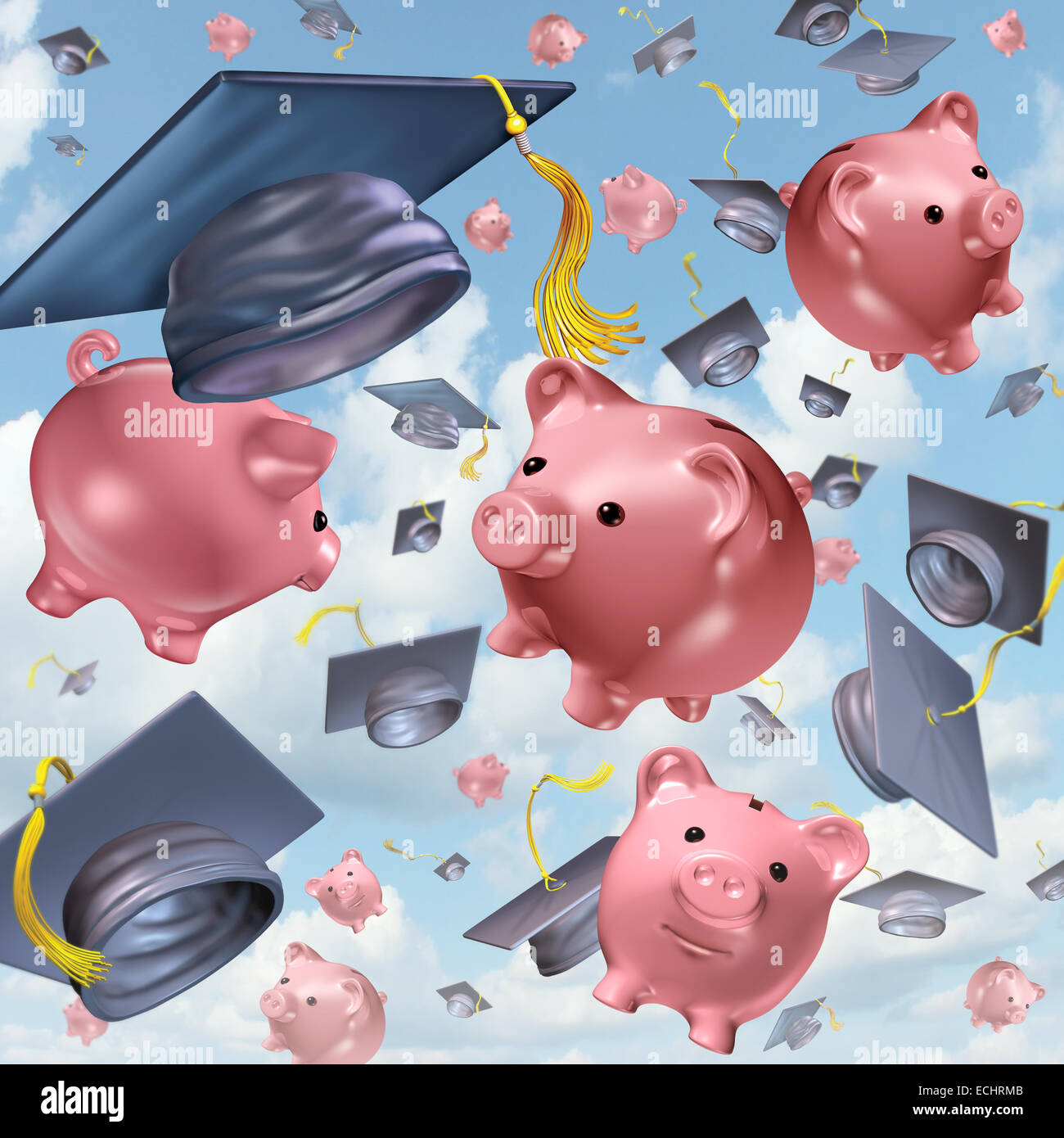 Risparmio di educazione nozione come un gruppo di mortarboards laurea o cappelli lanciati in aria con ceramica piggybanks volare fino in cielo come una icona di finanziarie e i costi della scuola di insegnamento e apprendimento privato simbolo. Foto Stock
