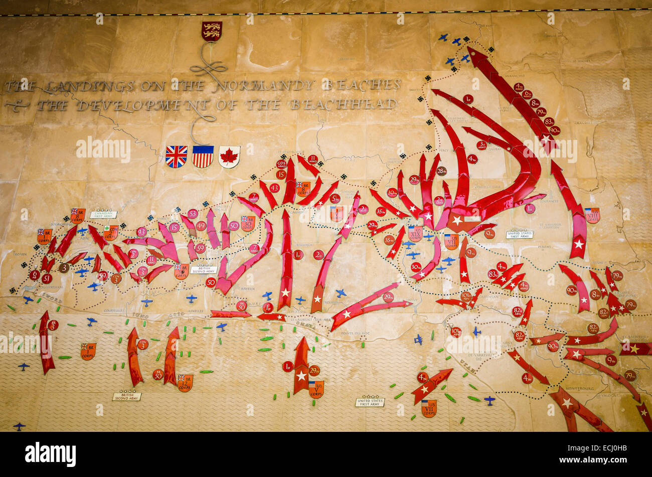 Il D-Day invasione mappa presso il Cimitero Americano, la spiaggia di Omaha, Colleville-sur-Mer, Normandia, Francia Foto Stock