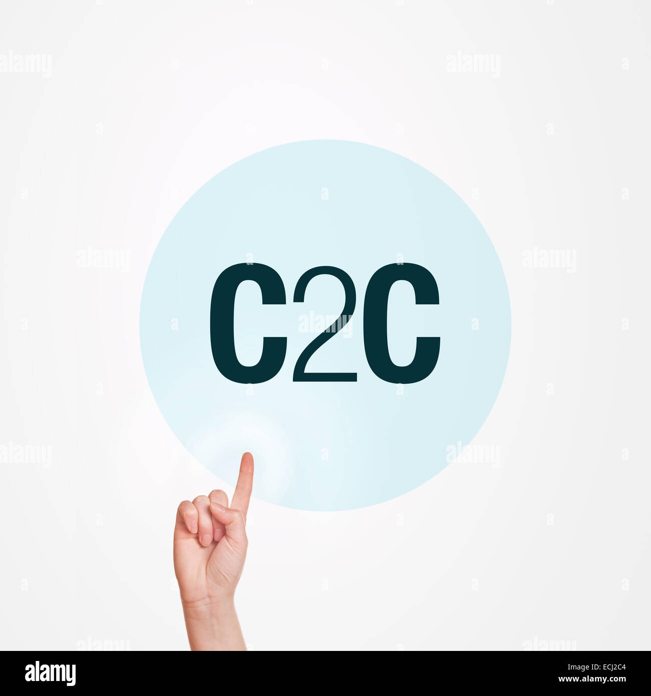 C2C, il consumatore a consumatore immagine concettuale con la mano premendo il pulsante sul touchscreen virtuale. Foto Stock