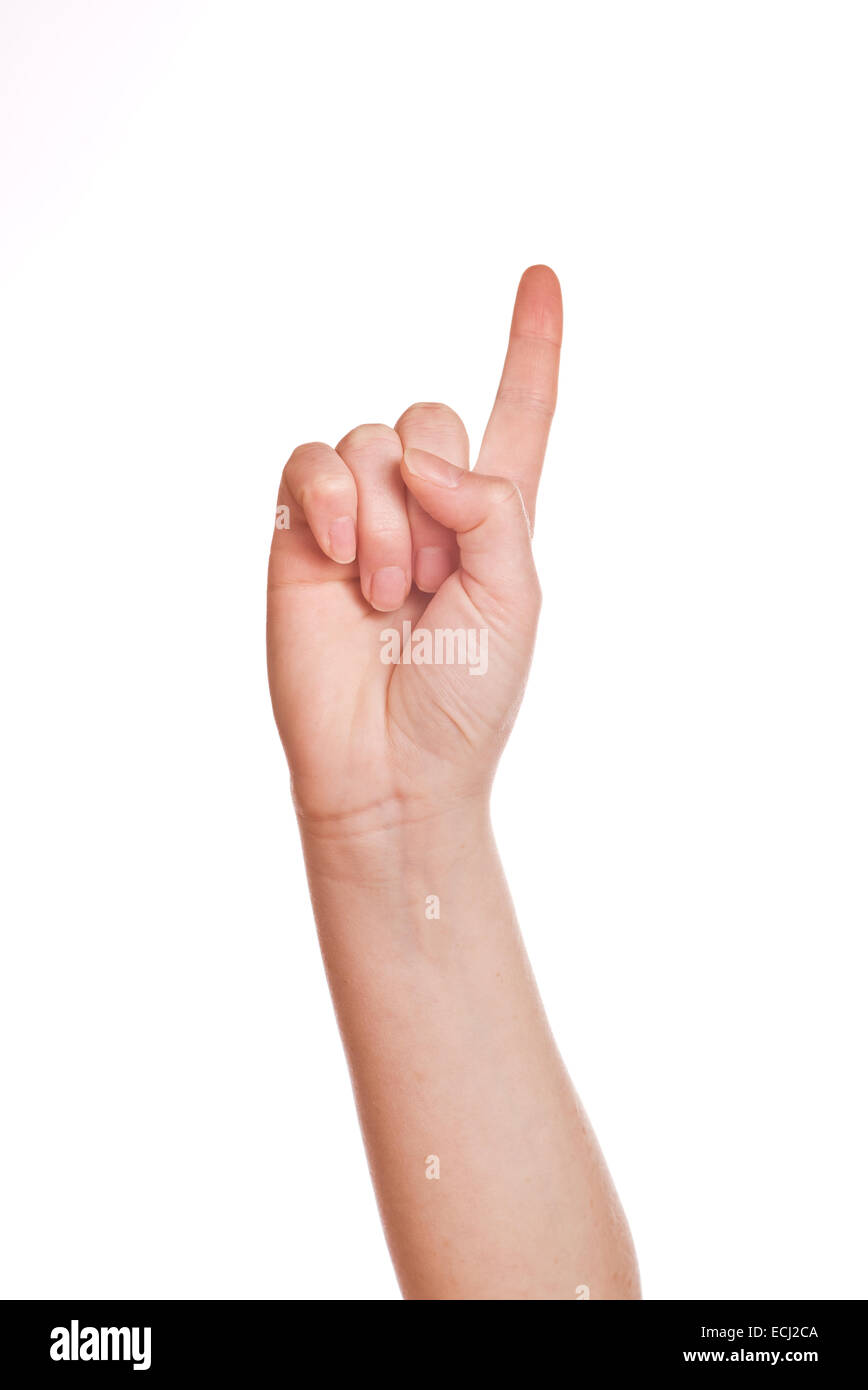 Caucasico femmina bianca mano con il dito indice sollevato e puntamento, isolato su sfondo bianco Foto Stock