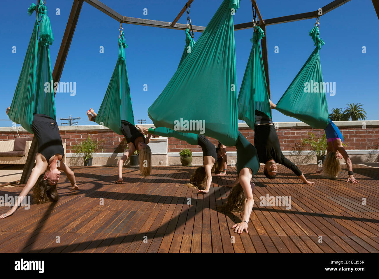 Un gruppo di antenna esegue lo yoga. Foto Stock