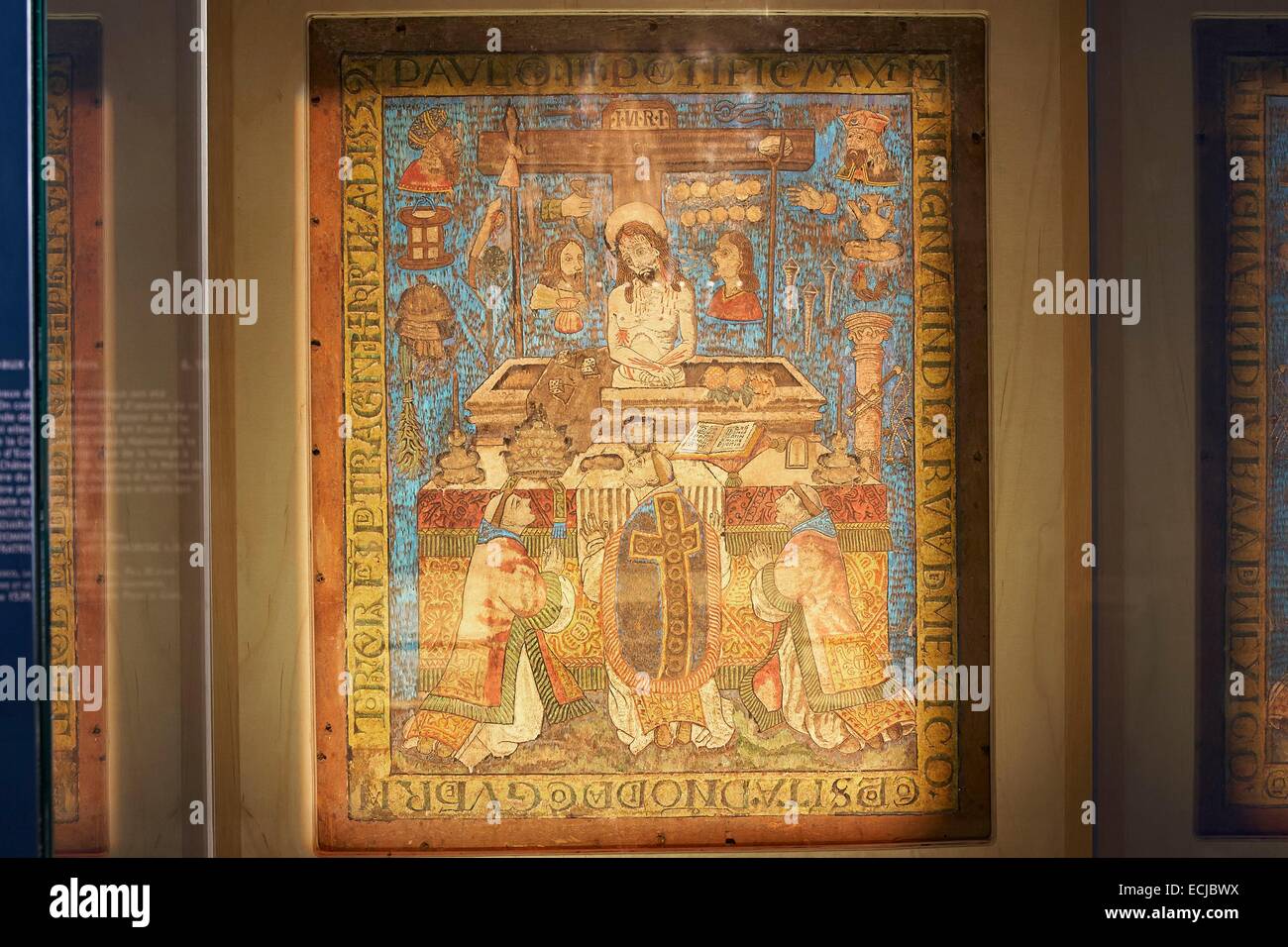 Francia, GERS, AUCH, Giacobini Museum, Fiera di San Gregorio, lavoro svolto in Messico nel 1539, uno dei primi cristiani dipinti del Nuovo Mondo e probabilmente una delle ultime produzione di arte azteca Foto Stock