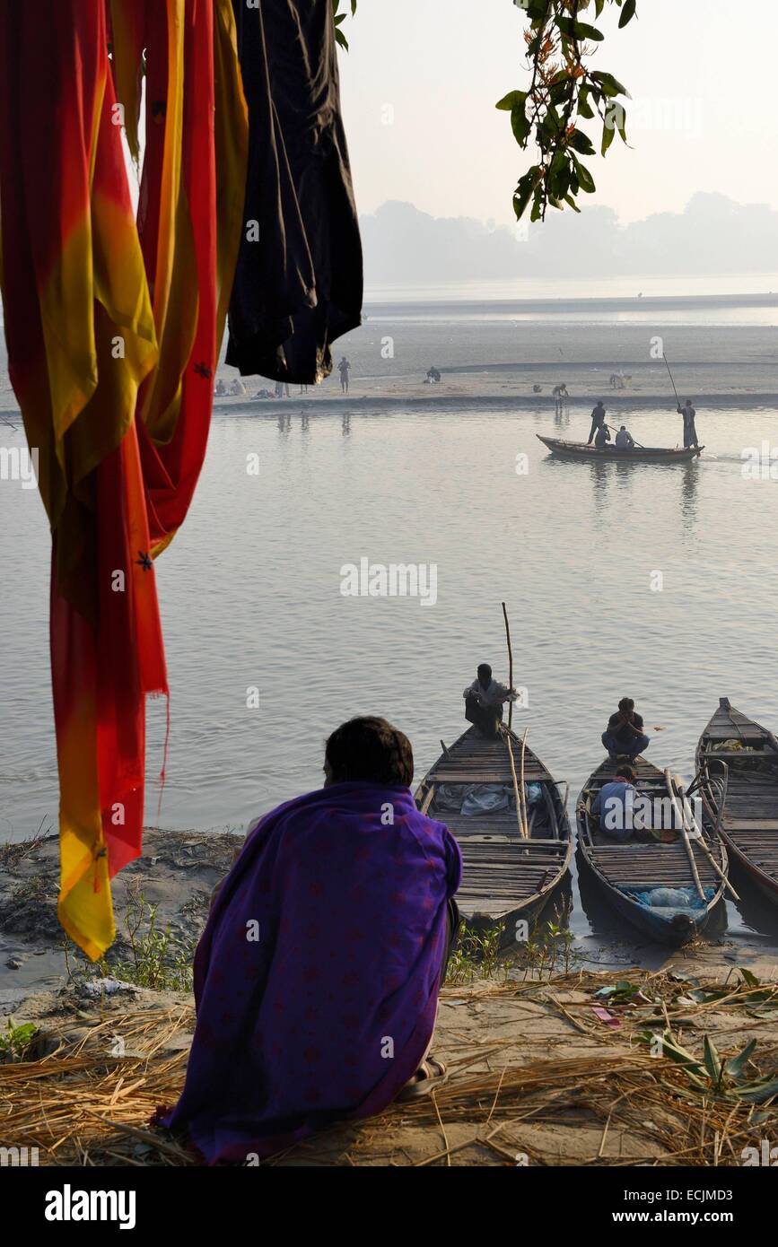 India, Bihar, Sonepur, mattina sulle rive del Gange Foto Stock