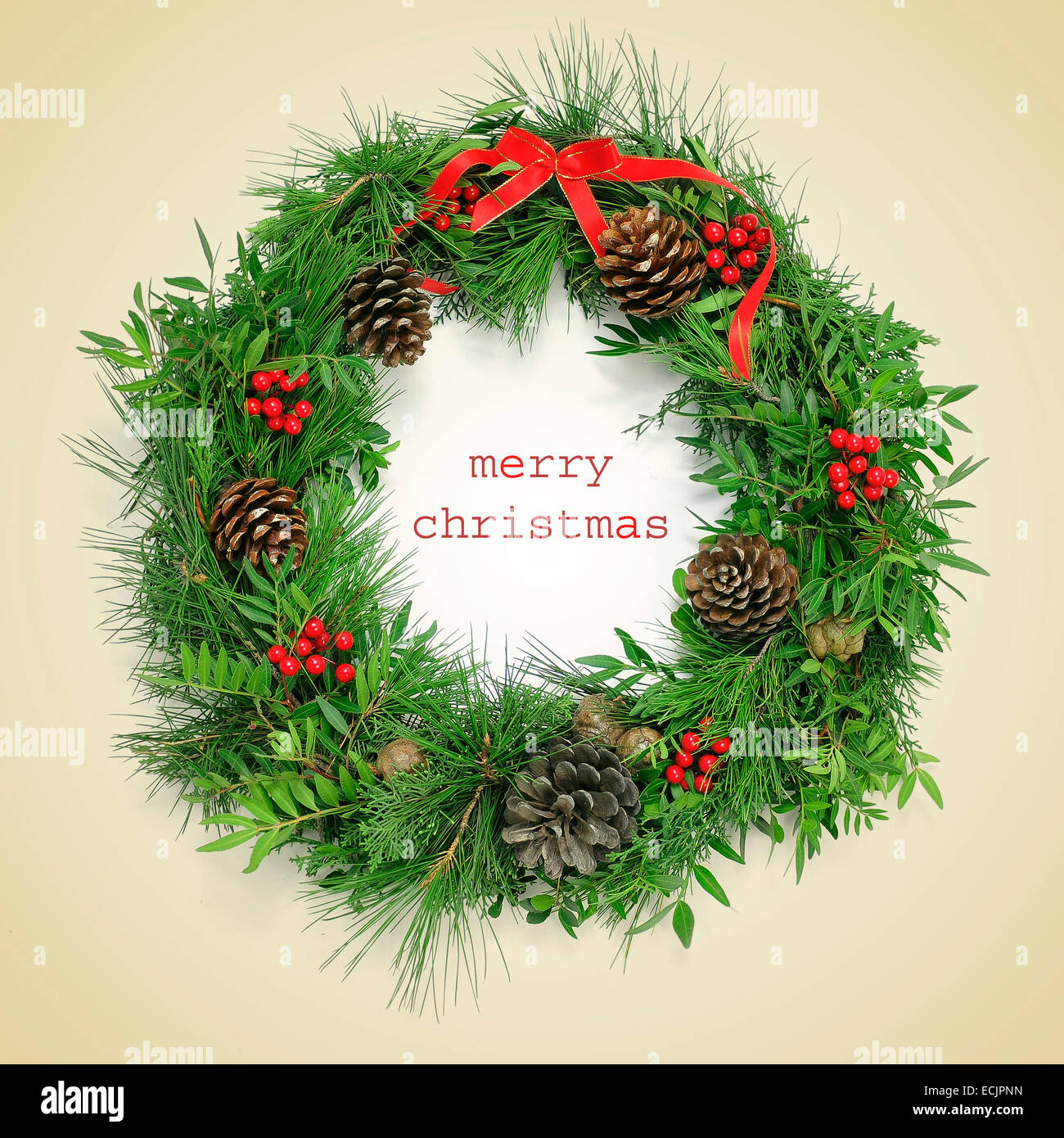Un Naturale Ghirlanda Di Natale E La Frase Buon Natale Scritta Su Un Sfondo Beige Con Un Effetto Retro Foto Stock Alamy