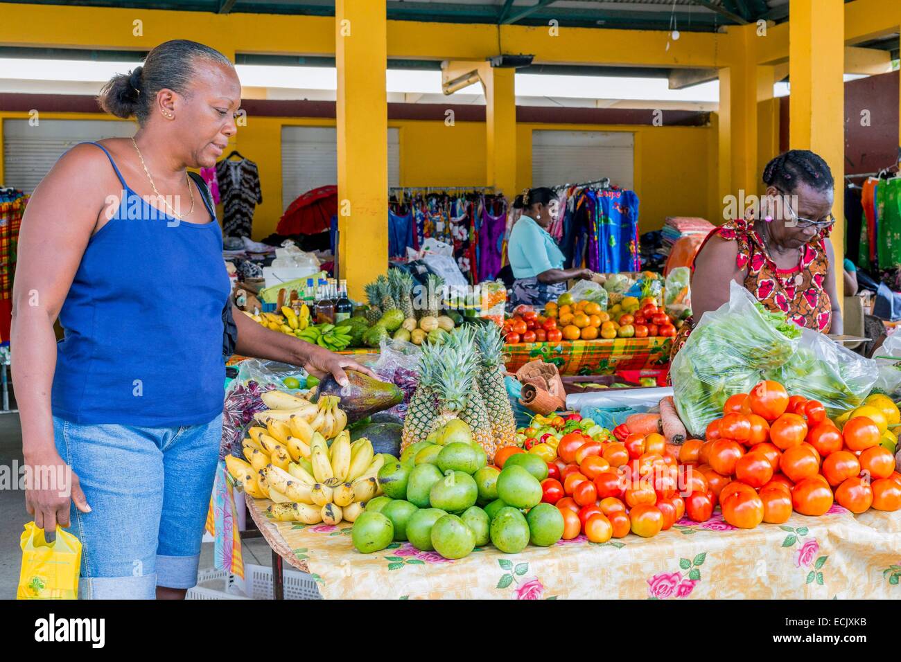 Francia, Guadalupa (Indie occidentali francesi), Marie Galante, Grand Bourg, stallo del mercato di frutta e verdura Foto Stock