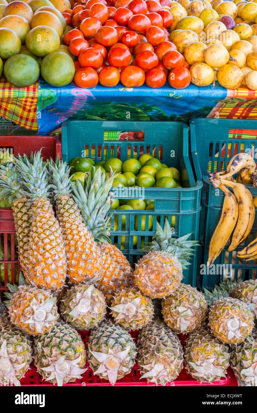 Francia, Guadalupa (Indie occidentali francesi), Grande Terre, Saint Francois, mercato di stallo con vari frutta e verdura locale Foto Stock