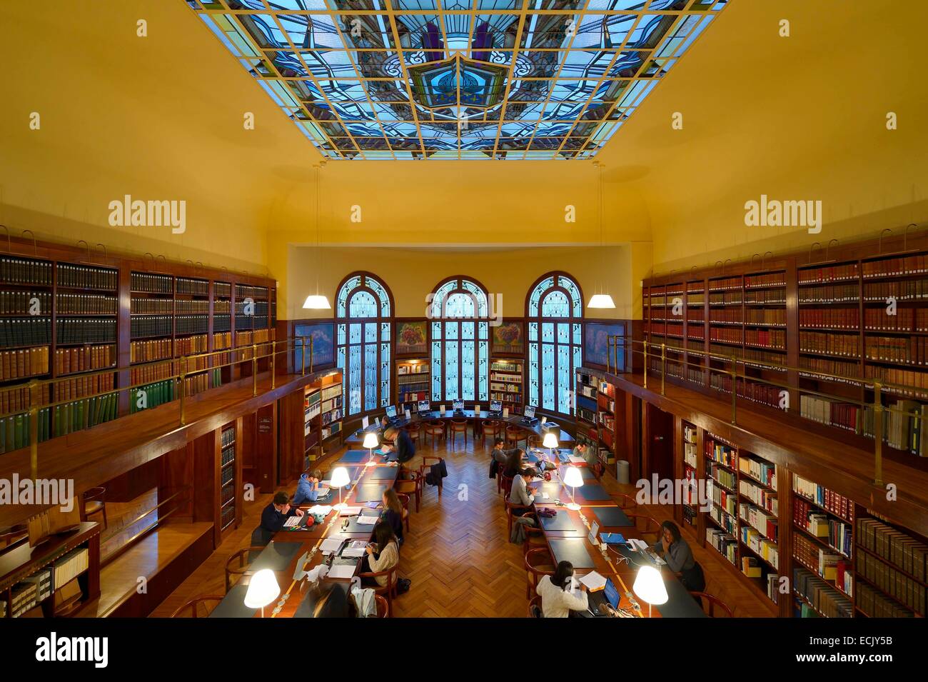 Francia, Marne, Reims, la Carnegie Library in stile Art Nouveau, le tre finestre a bovindo e il vetro del tetto della sala di lettura sono stati progettati dal maestro vetraio di Nancy Jacques Gruber Foto Stock