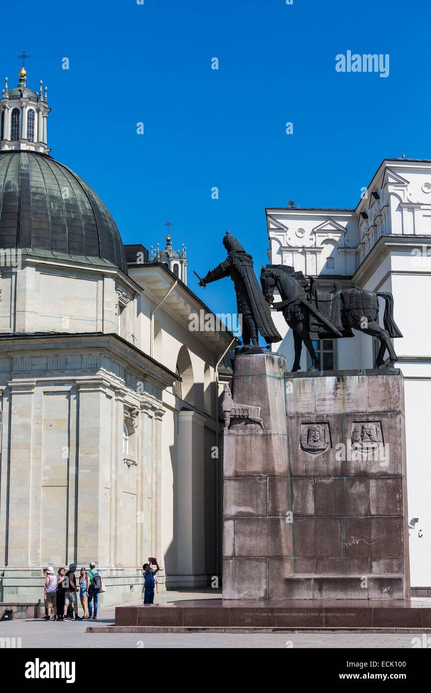 La Lituania (paesi baltici), Vilnius, centro storico elencati come patrimonio mondiale dall UNESCO, il San Stanislao cattedrale, Katedros Aikste, il Royal Palace e la statua equestre del granduca Gediminas, il fondatore di Vilnius Foto Stock