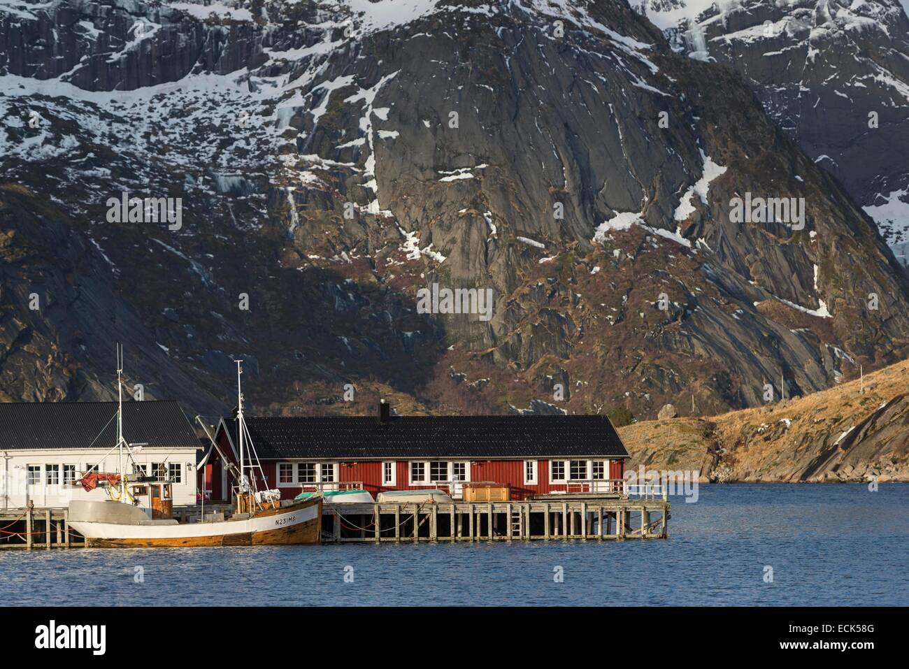 Norvegia, Nordland, arcipelago delle Lofoten, Hamnoy sull isola Moskenesoy Foto Stock