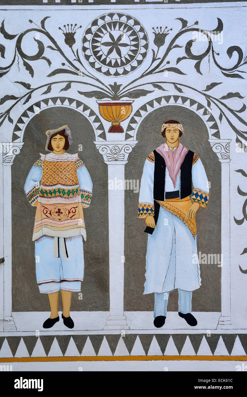 Parete esterna decorazione nel villaggio di Pyrgi, Chios, Grecia Foto Stock