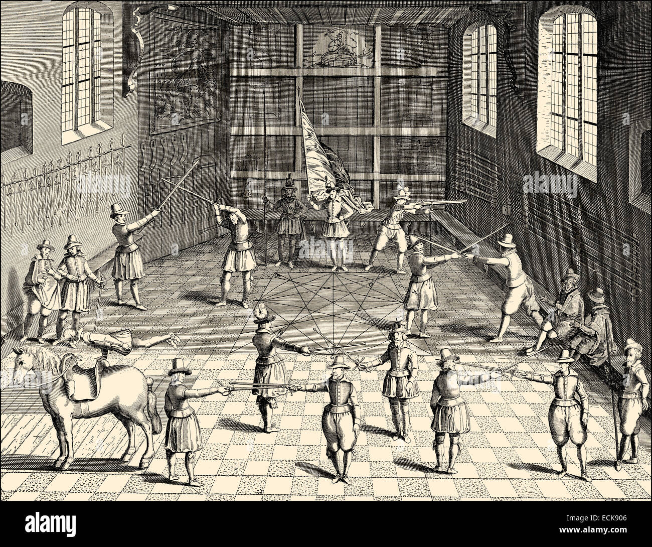 Scherma accademico dell'Università di Leiden o Leida, secolo XVII, Paesi Bassi, Europa Fechtsaal, Universität von Leiden oder Foto Stock