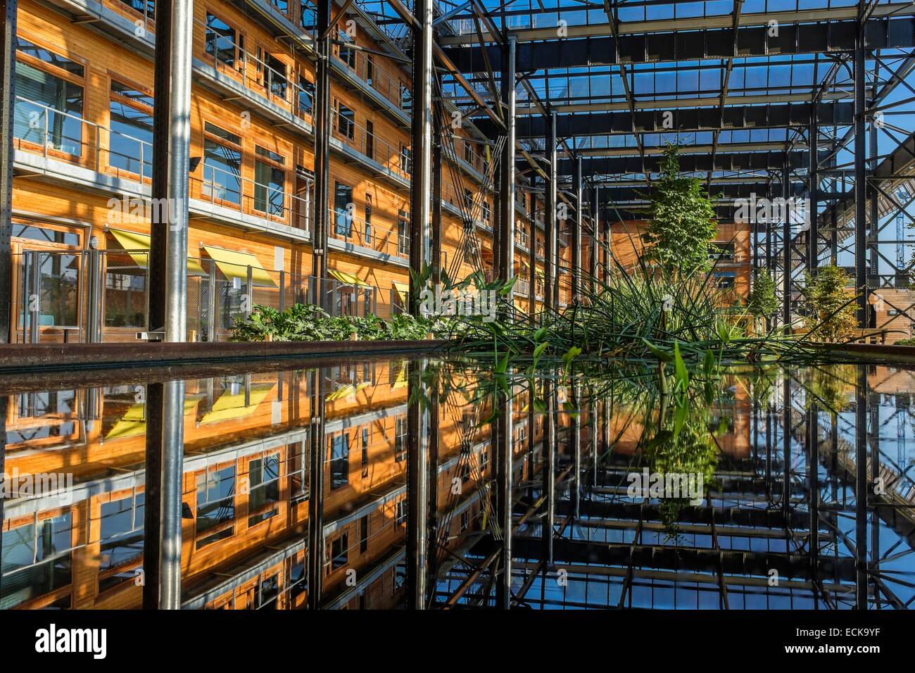 Francia, Parigi, Halle Pajol, energia positiva edificio, produce elettricità con 3500 m2 di pannelli fotovoltaici, Rosa Luxemburg gardens Foto Stock