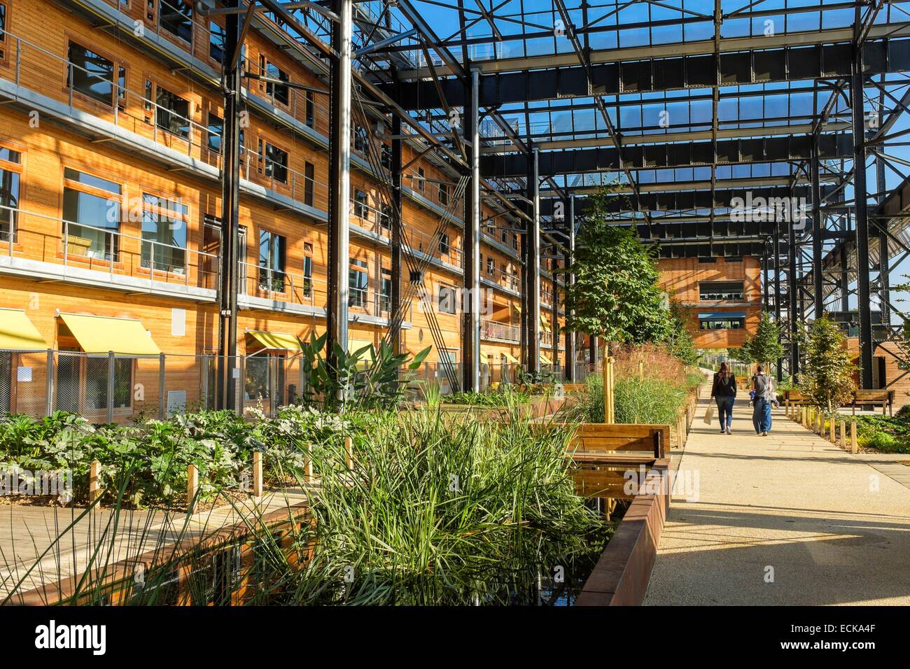 Francia, Parigi, Halle Pajol, energia positiva edificio, produce elettricità con 3500 m2 di pannelli fotovoltaici, Rosa Luxemburg gardens Foto Stock