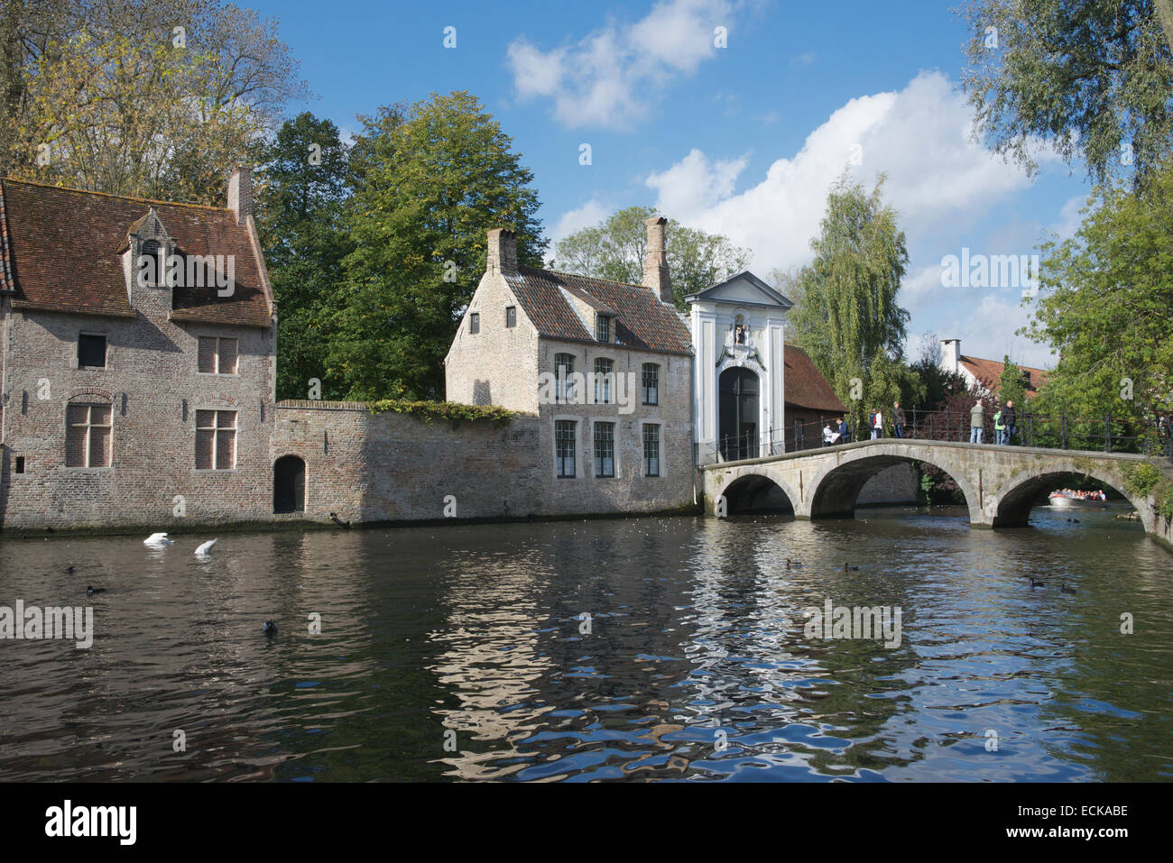 Canal e ponte Wijngaard Plein Bruges Belgio Foto Stock