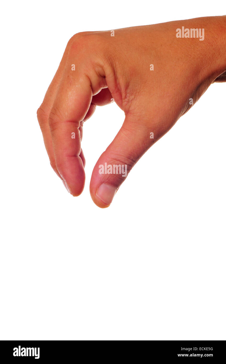 Uomo con le dita della mano verso il basso come qualcosa che sospende su sfondo bianco Foto Stock