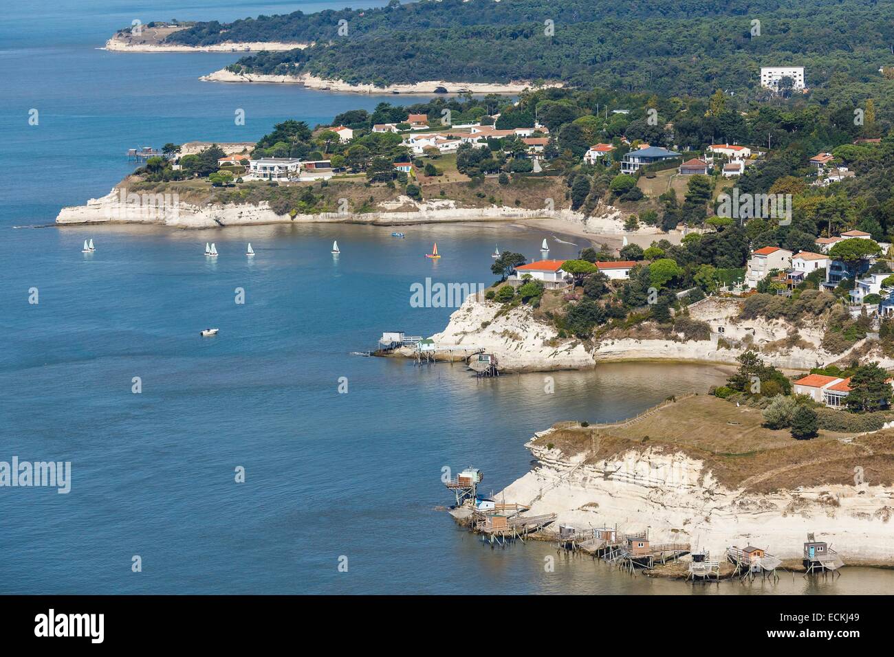 Francia, Charente Maritime, Meschers sur Gironde, la costa e la pesca sulla bianca scogliera (vista aerea) Foto Stock