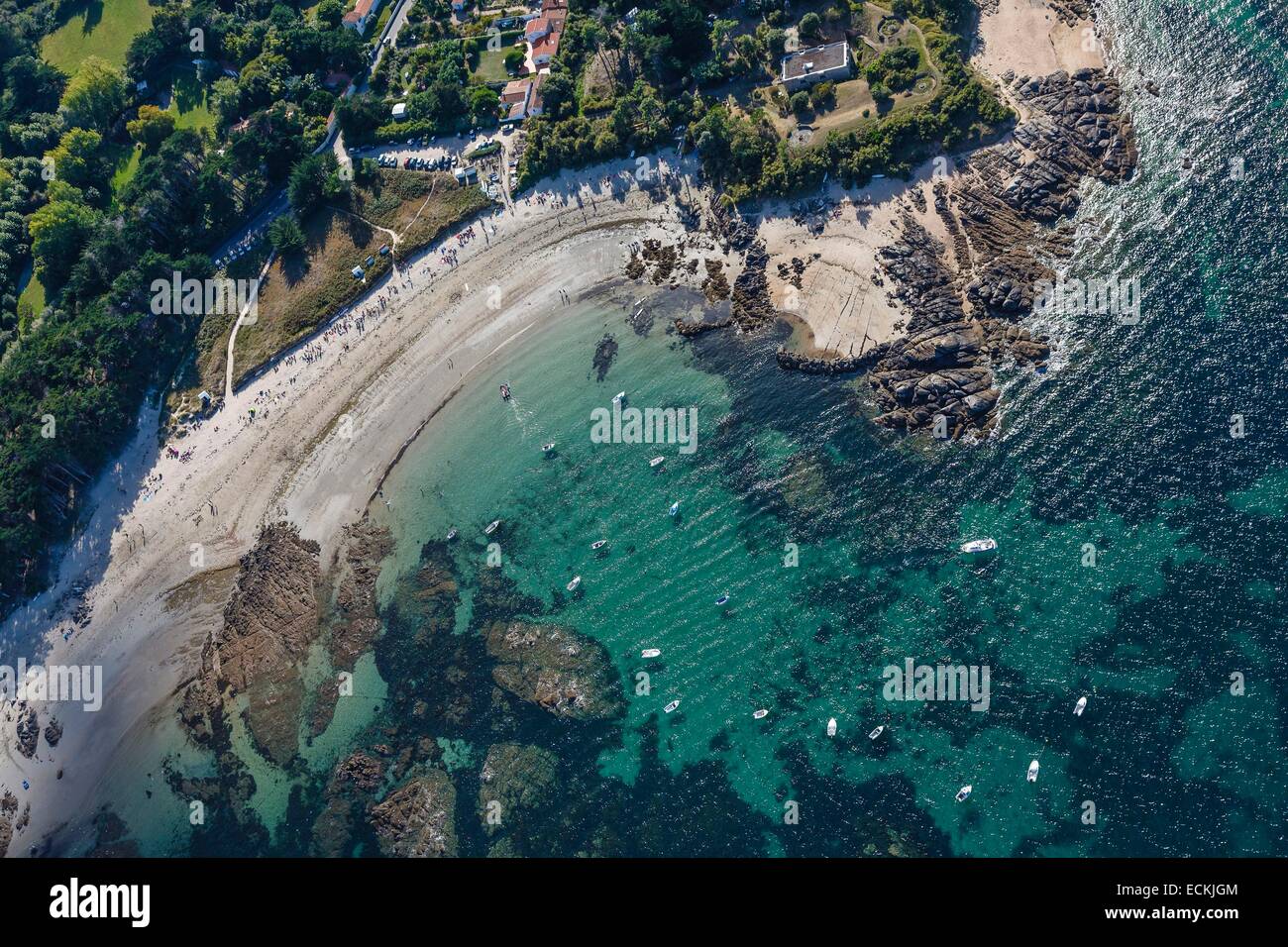 Francia, Vendee, isola di Yeu, Pointe Gauthier e les Sapins Beach (Vista aerea) Foto Stock